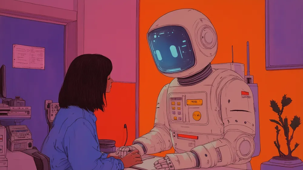 Una persona y una máquina de aspecto amable, sentadas a los dos lados de la misma mesa de oficina.
